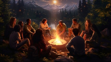 Fototapeta na wymiar : An image of a diverse group of young people, each wearing a white shirt, gathered around a campfire under a starry night sky, their faces illuminated by the warm, inviting glow.