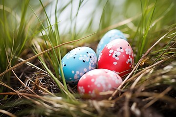 Colorful easter eggs in grass. Happy easter background.