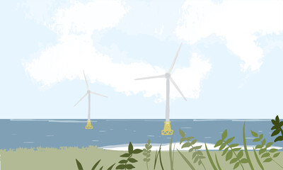 Jeju island windmill beach watercolor illustration