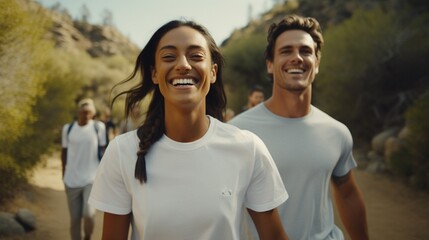 : A diverse group of young adults, all in white shirts, sharing stories and laughter on a scenic hiking trail, the image radiating a sense of adventure and friendship.