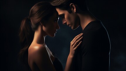 : A dramatic studio shot capturing a young couple, their hands entwined, gazing into each other's eyes, with the dark background accentuating the warmth and sincerity of their connection. - obrazy, fototapety, plakaty