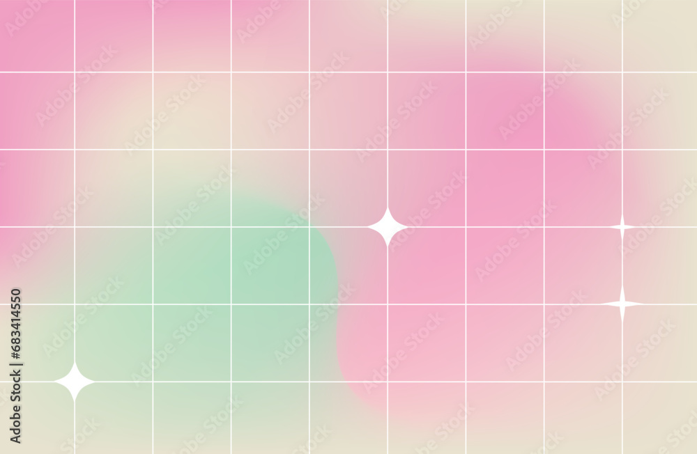Poster blurred gradient background in y2k style. trendy background with white checker and abstract geometri