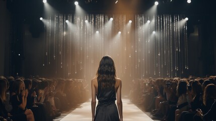 : A high-fashion runway, elegantly lit, with an empty catwalk surrounded by rows of chic chairs, hinting at a focus on hairstyles featuring long, straight, shiny hair.
