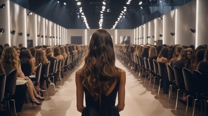 : A high-fashion runway, elegantly lit, with an empty catwalk surrounded by rows of chic chairs,...