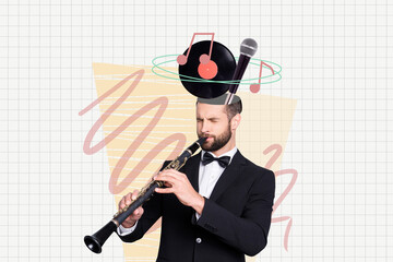 Creative collage of professional flutist playing jazz on concert wearing tuxedo thinking about his...