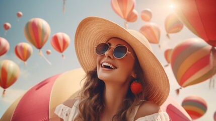 : A lively portrait of a young woman in a chic straw hat and sunglasses, laughing as she enjoys fruit juice, with a backdrop of a majestic air balloon, epitomizing a joyous summer day.