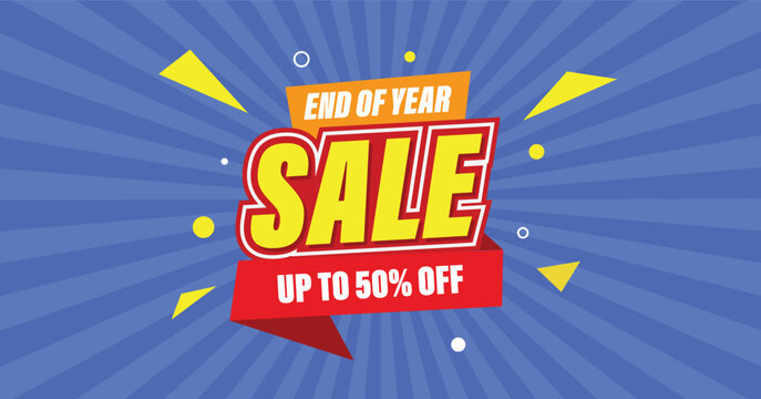 End of year sale. Up to 50 percent off discount banner.