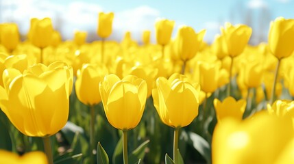 A field of yellow tulips in bloom .