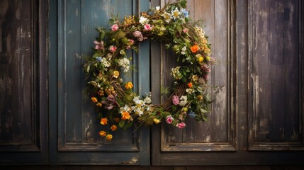 Fototapeta na wymiar A floral wreath hung on a rustic wooden door, signaling the arrival of spring.
