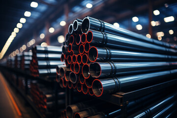 Steel Pipes bunch on the rack in warehouse Generative ai - obrazy, fototapety, plakaty