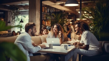 : A vibrant photo of diverse young individuals, dressed in white shirts, engaged in an animated discussion in a creative co-working space, showcasing collaboration and cultural richness.