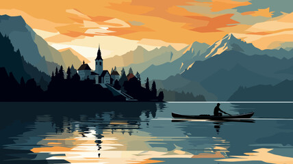 copy space, simple vector illustration, Lake Bled, Slovenia. Flat 2D illustration, beautiful lake Blad landscape.  The pilgrimage church dedicated to the Assumption of Mary on Bled island. Famous tour - obrazy, fototapety, plakaty