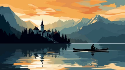 Poster copy space, simple vector illustration, Lake Bled, Slovenia. Flat 2D illustration, beautiful lake Blad landscape.  The pilgrimage church dedicated to the Assumption of Mary on Bled island. Famous tour © Dirk