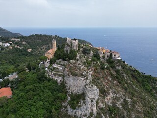Naklejka na ściany i meble Eze hill top village perched on rocks France Drone , aerial , view from air .
