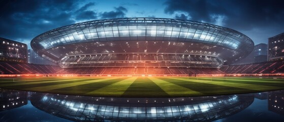 Large football stadium in the evening with lights. Soccer Concept. Football Concept. Sport Concept.