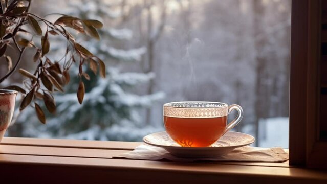 cup of tea at the window in winter. seamless looping video animation background. Generated with AI