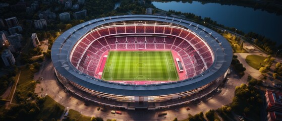 Aerial view of a large football stadium in the evening. View from above. Soccer Concept. Football Concept. Sport Concept. - obrazy, fototapety, plakaty