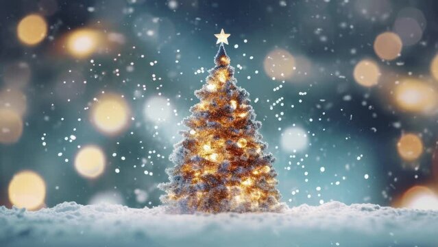 Winter snow decorated christmas tree with bokeh realistic. Illustration - Still Image Animation, with video effects - Seamless loop animation - Created using AI Generative Technology