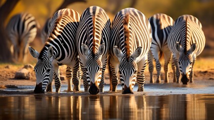 A group of zebras drinking water from a serene pond, their reflections visible on the water's surface.