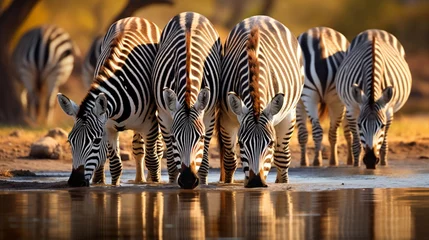 Papier Peint photo Zèbre A group of zebras drinking water from a serene pond, their reflections visible on the water's surface.