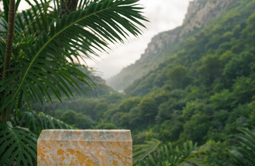 Fototapeta na wymiar Jungle product display backdrop with stone podium, nature background with leaves and palms with empty space, travel post. Generative AI.
