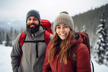 Fototapeta na wymiar Portrait of a happy man and woman traveling in the mountains in winter.