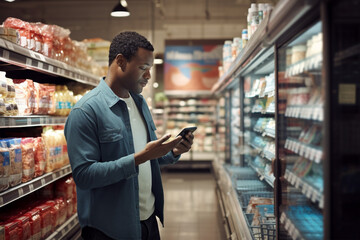 African American shopper or mart employee scans a barcode to purchase a product