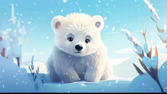 Winter snow Cute baby polar bear in snow winter, Illustration - Still Image Animation, with video effects - Seamless loop animation - Created using AI Generative Technology