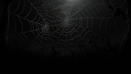 Bright Spider Web On Dark Black Background