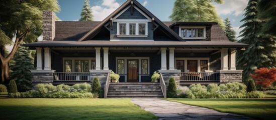 Craftsman style house with a porch in gray brick - obrazy, fototapety, plakaty