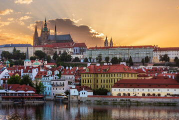 The setting sun right behind the Prague castle on the summer solstice day.