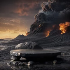 Fotobehang Volcanic stone podium in front of erupting volcano with lava, product display square backdrop. Generative AI. ©  DigitalMerchant