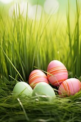 Fototapeta premium Easter eggs in the grass with flowers. 