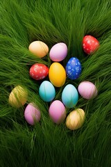 Fototapeta premium Easter eggs in the grass with flowers. 