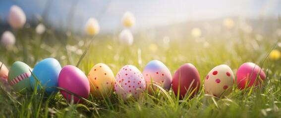 Fototapeta premium Easter eggs in the grass with flowers. 