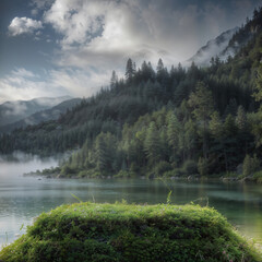 Grass product display podium in nature, with mountains and forest lake, rock pedestal backdrop. Natural, organic, ecological products background. Generative AI.