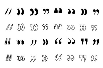 Quote mark vector set. Quotemarks outline, speech marks, inverted commas or talking marks collection. Talk bubble speech icon. Black quotes icon image and object.