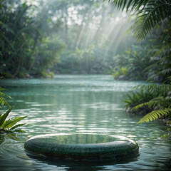Water, pond in jungle, stone product display podium backdrop, nature background with leaves and palms with empty space,  travel post. Generative AI.