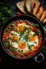 Shakshouka israely food in ceramic bowl.