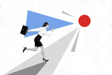 Collage of funky diligent business lady running motivated looking at red point target bringing...