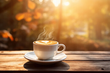 Cup of hot coffee on a wooden table on a blurred Background Outdoor, Copy space