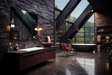 Stylish and expensive bathroom in dark gray and red.