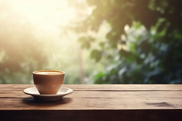 Fototapeta premium Cup of hot coffee on a wooden table on a blurred Background Outdoor, Copy space