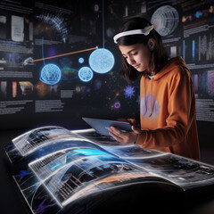 Fototapeta na wymiar Smart female teenager studying science with augment reality. Generative AI