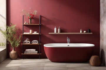 A large red bath, a purple bathroom