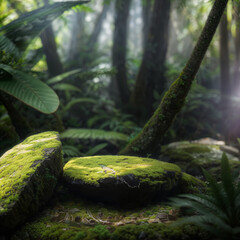 Grass product display podium in nature, jungle, amazon forest, pedestal backdrop. Natural, organic, ecological products background. Generative AI.