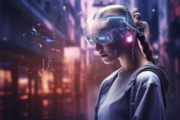 Young teenage girl wearing virtual reality headset. Generative AI