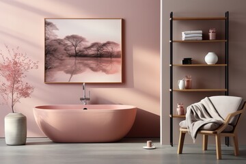 Fototapeta na wymiar Pink bathroom, Pink walls and gray floor in the bathroom.