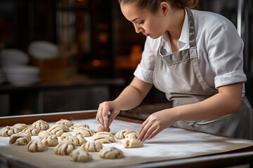 Woman baker making handmade cookies. Generative AI - obrazy, fototapety, plakaty