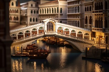 The most famous bridges in the world, Venice Rialto Bridge captured in hyper-realistic glory, the sunrise casting a golden glow on the iconic structure.